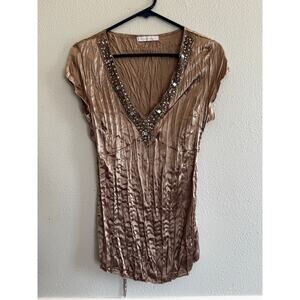 Y2K Charlotte Russe Crinkle Cap Sleeve Gold Sequined Top Size M